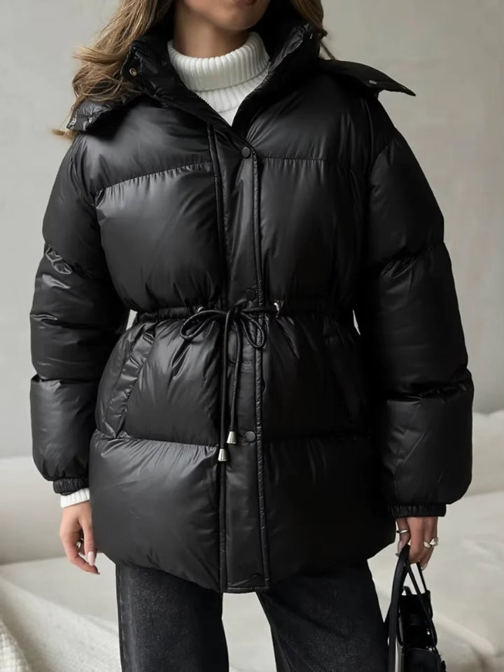 Hooded Puffer Jacket with Drawstring Waist for Women