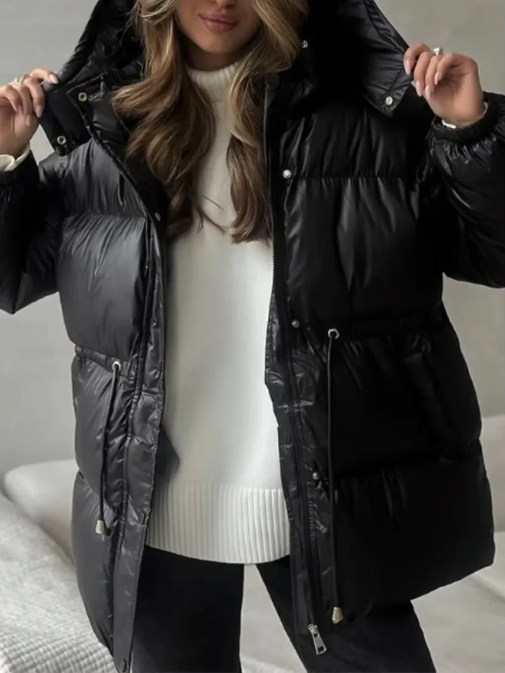 Hooded Puffer Jacket with Drawstring Waist for Women