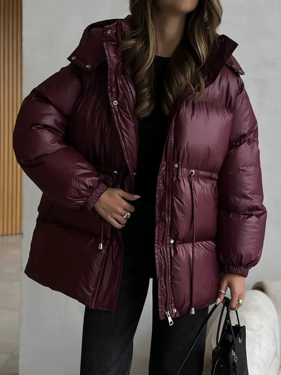 Hooded Puffer Jacket with Drawstring Waist for Women