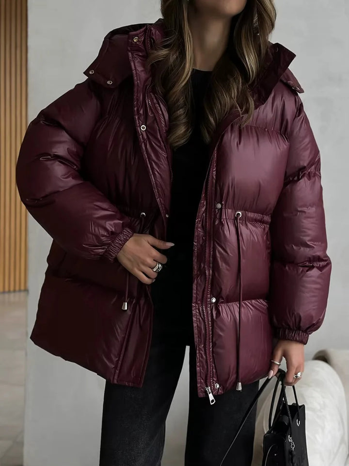 Hooded Puffer Jacket with Drawstring Waist for Women
