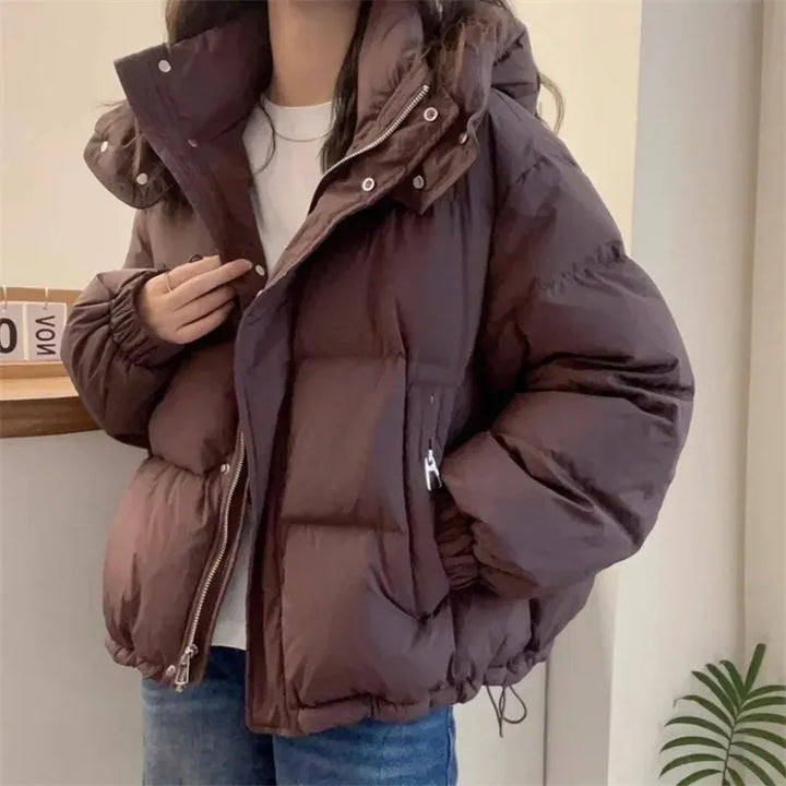 Hooded Puffer Jacket with High Neck for Women