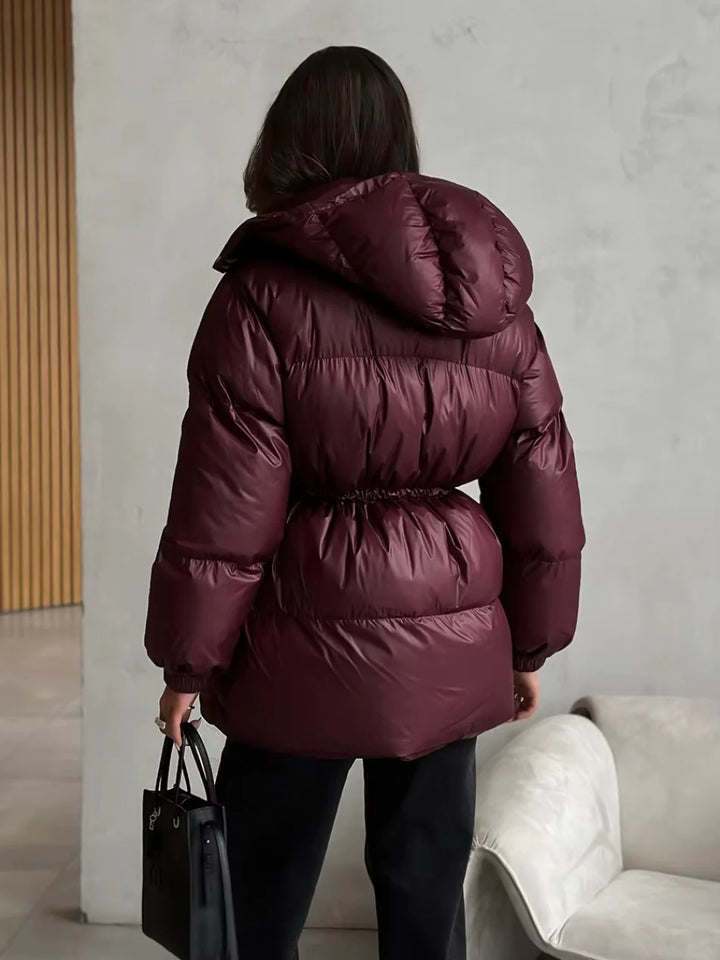 Hooded Puffer Jacket with Drawstring Waist for Women
