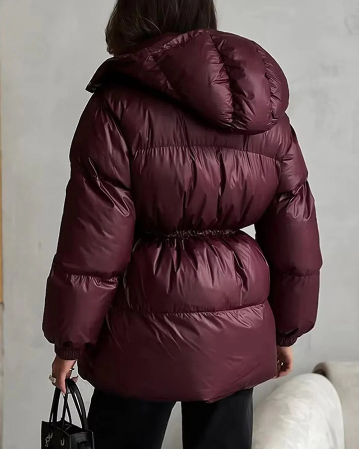 Hooded Puffer Jacket with Drawstring Waist for Women