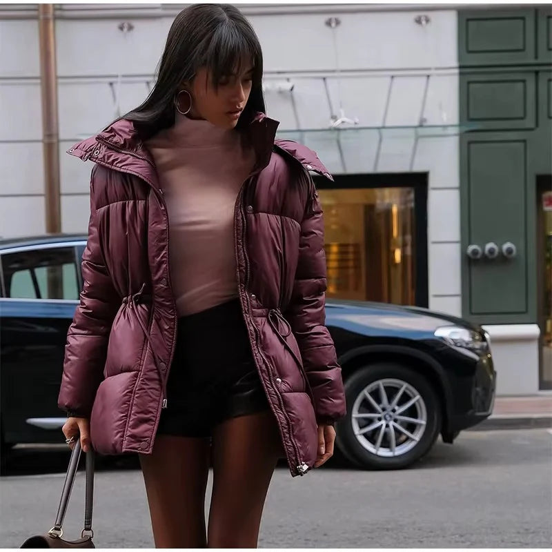 Hooded Puffer Jacket with Drawstring Waist for Women