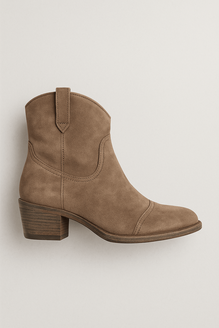 Women’s Ankle Boots – Suede-Effect Finish – Low Heel – Western Toe – Pull Tabs