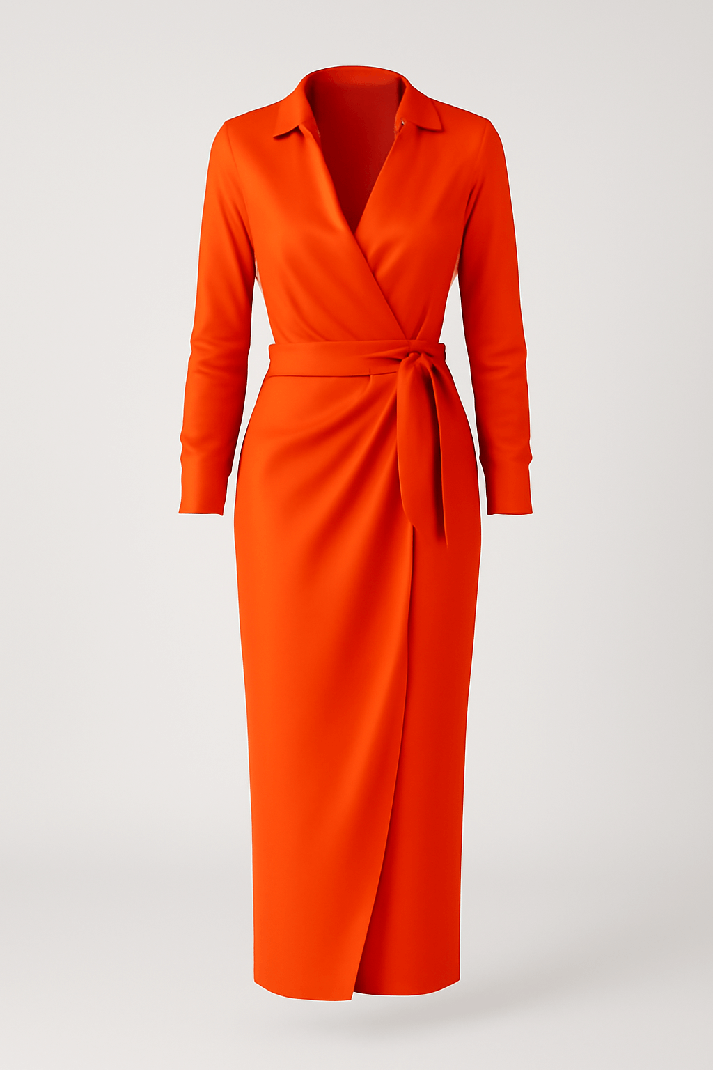 Women's Long-Sleeve Wrap Dress with V-Neck – Satin Finish