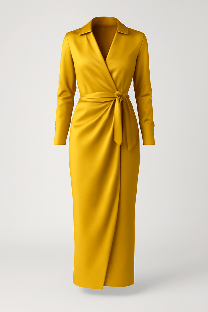 Women's Long-Sleeve Wrap Dress with V-Neck – Satin Finish