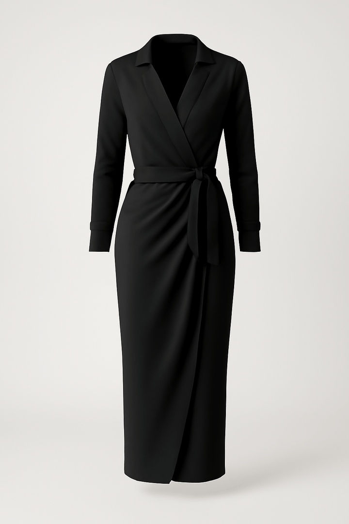 Women's Long-Sleeve Wrap Dress with V-Neck – Satin Finish