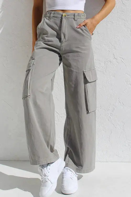 High-Waisted Wide-Leg Cargo Trousers – Light Grey | Women's Utility Pants