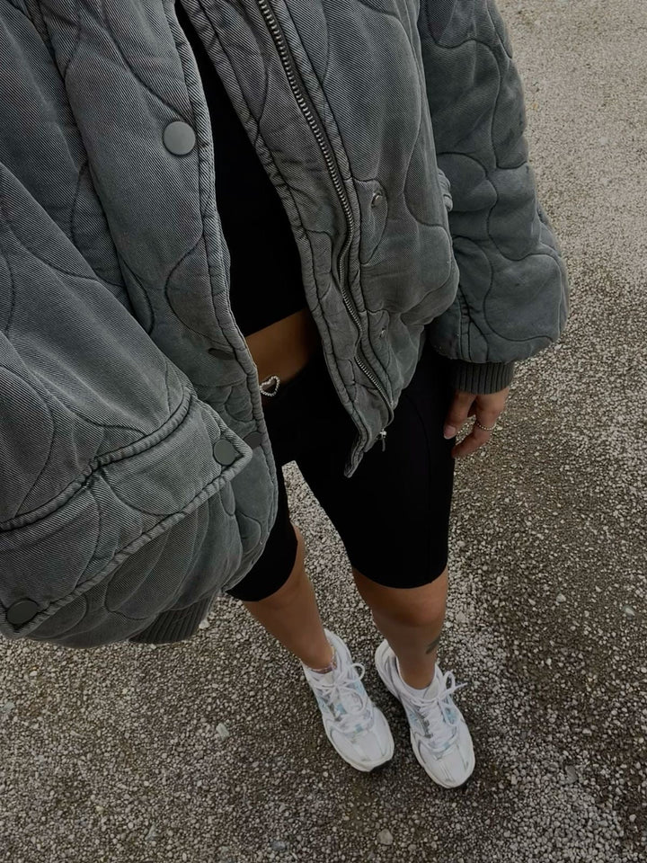 Oversized Quilted Bomber Jacket with Pocket Detail