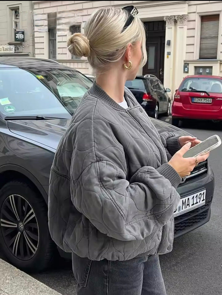 Oversized Quilted Bomber Jacket with Pocket Detail