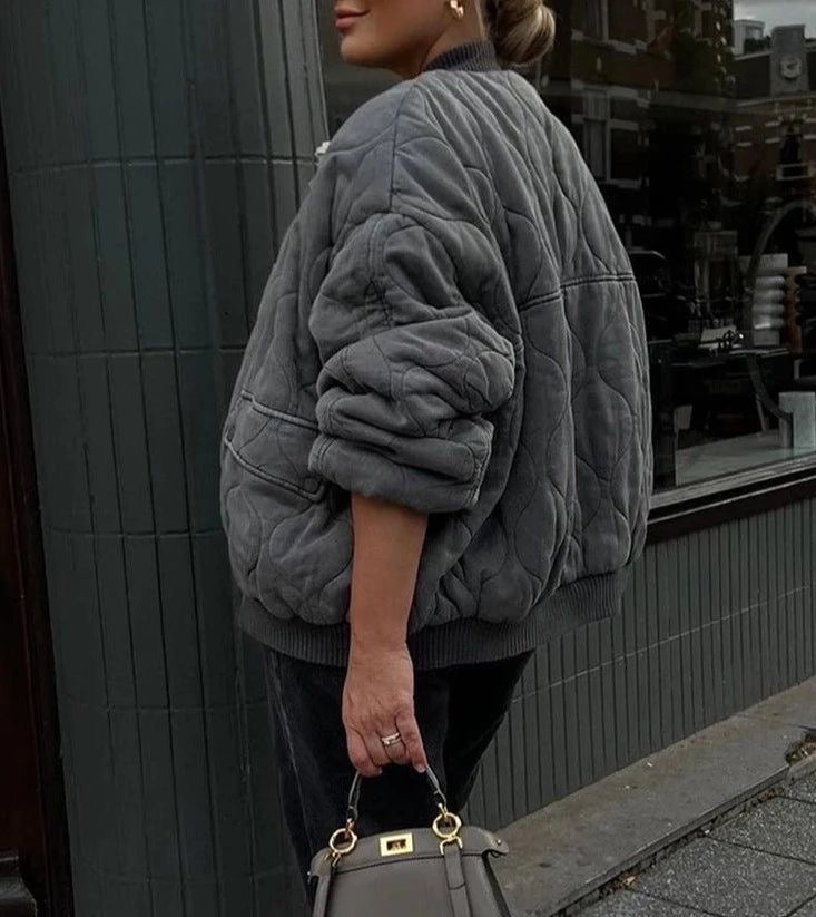 Oversized Quilted Bomber Jacket with Pocket Detail
