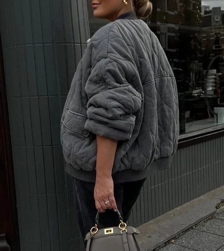 Oversized Quilted Bomber Jacket with Pocket Detail