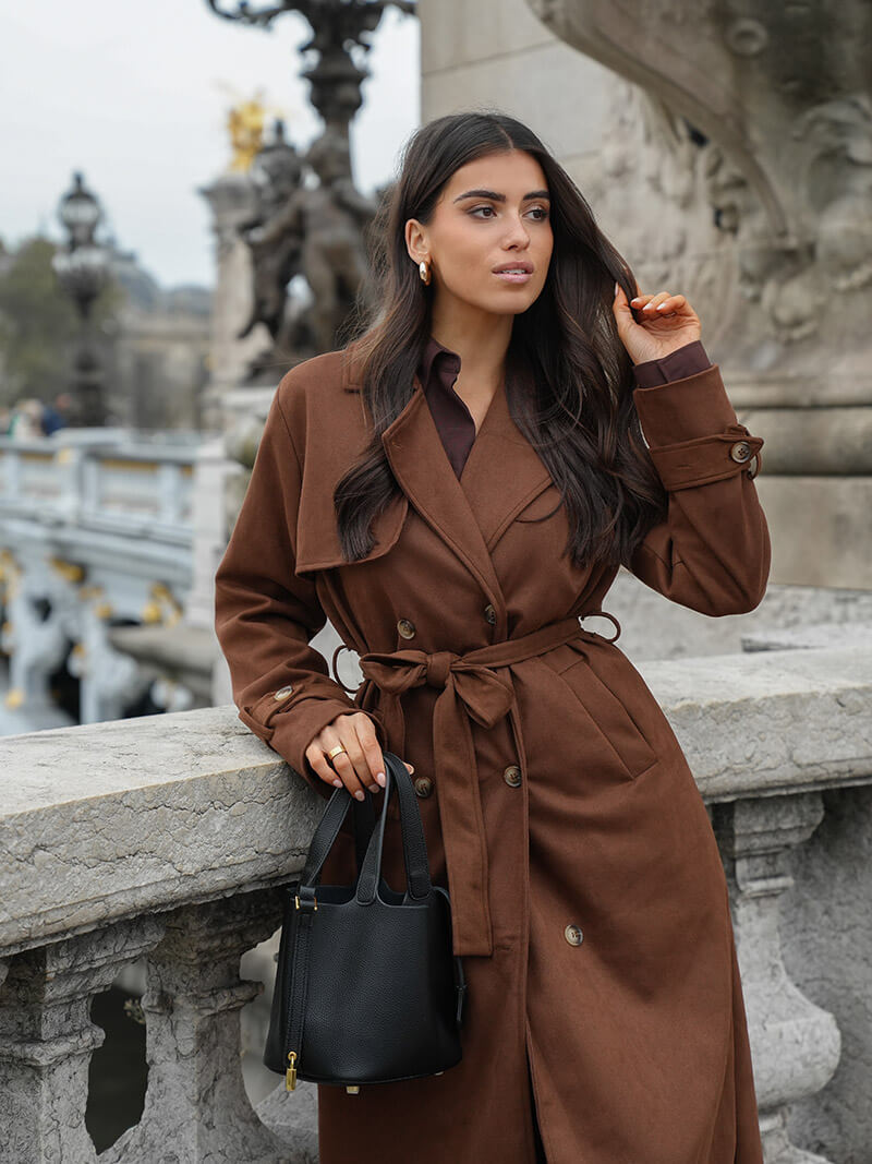 The Luxe Faux Suede Trench Coat With Belted Waist