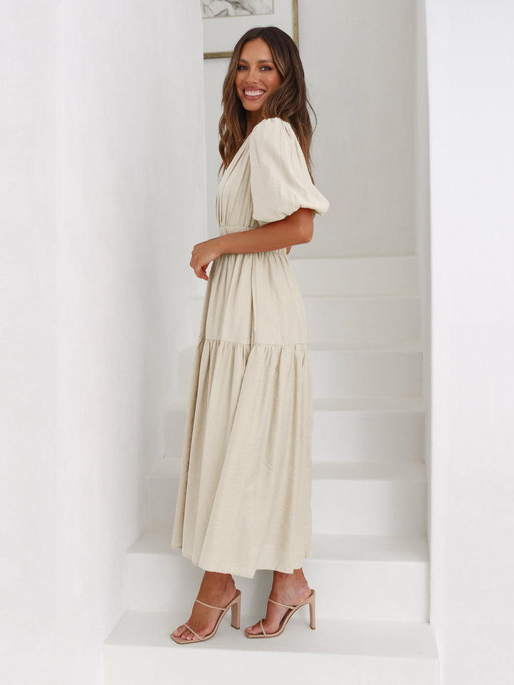 Tiered Midi Dress with Puff Sleeves