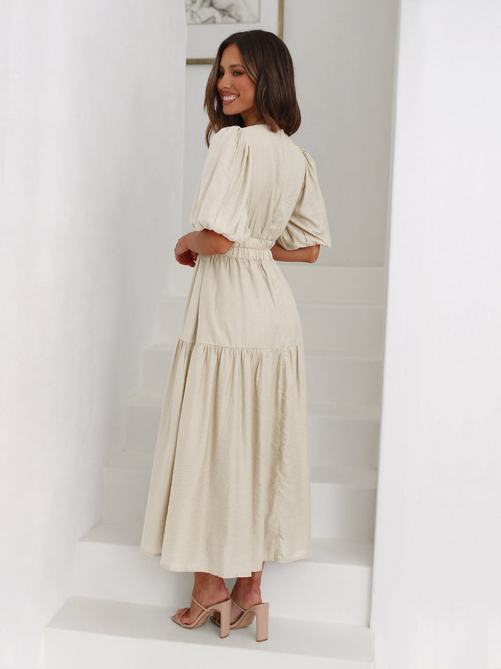 Tiered Midi Dress with Puff Sleeves