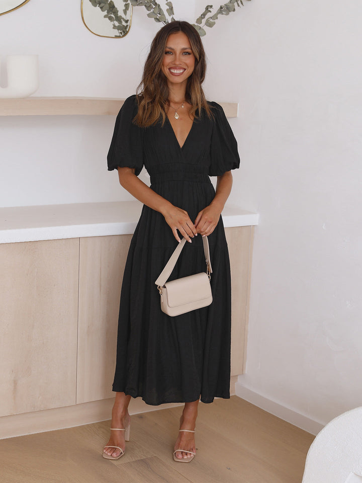 Tiered Midi Dress with Puff Sleeves