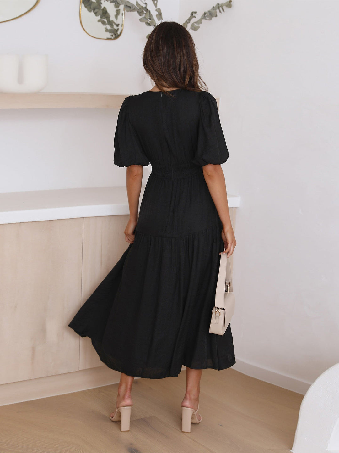 Tiered Midi Dress with Puff Sleeves