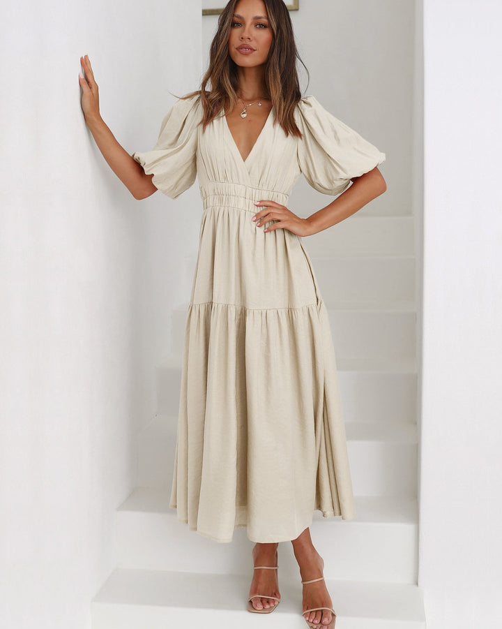 Tiered Midi Dress with Puff Sleeves