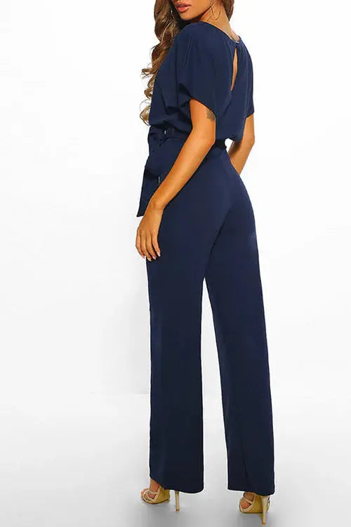Wide-Leg Short Sleeve Jumpsuit with Belted Waist