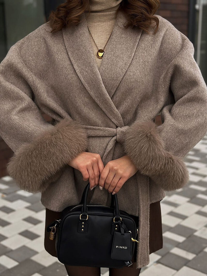 Belted Wool-Blend Wrap Coat with Faux Fur Cuffs
