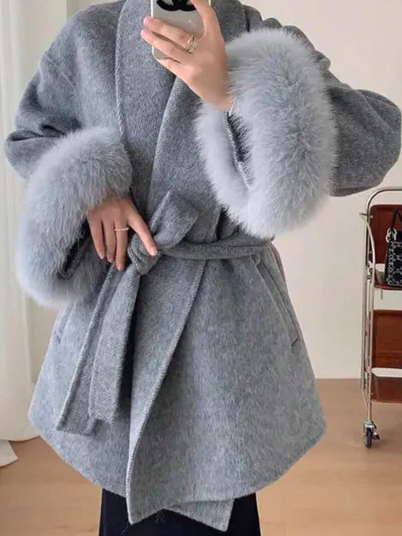 Belted Wool-Blend Wrap Coat with Faux Fur Cuffs