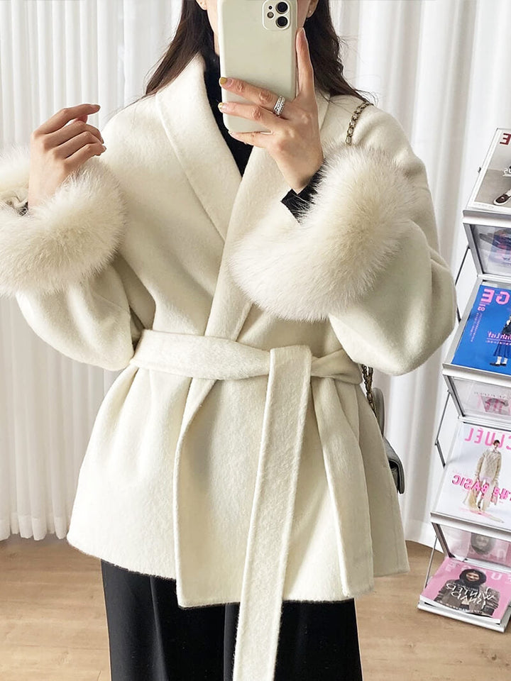 Belted Wool-Blend Wrap Coat with Faux Fur Cuffs