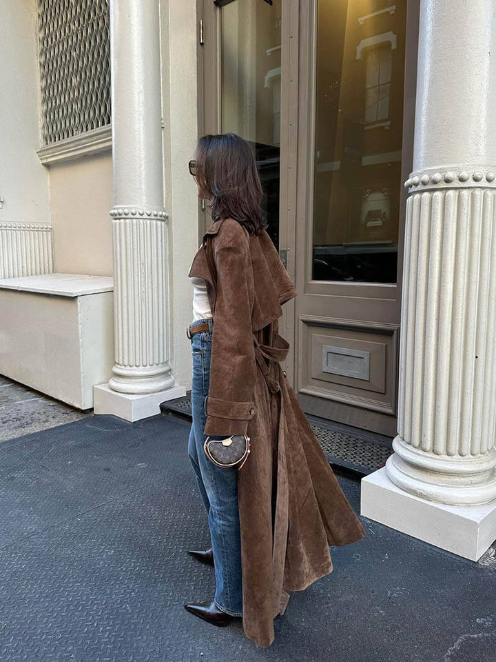 The Luxe Faux Suede Trench Coat With Belted Waist