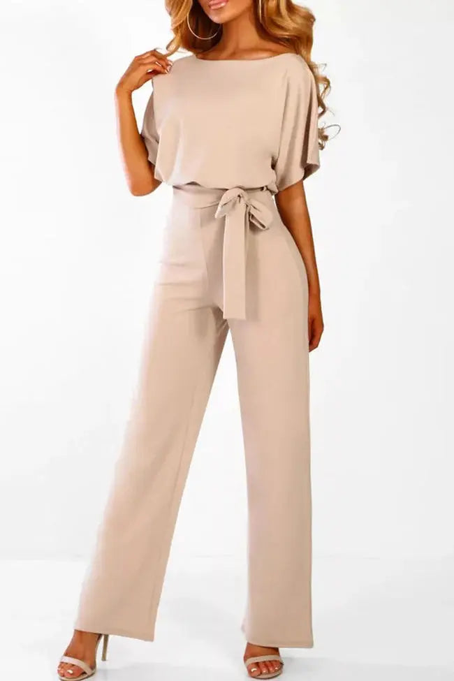 Wide-Leg Short Sleeve Jumpsuit with Belted Waist