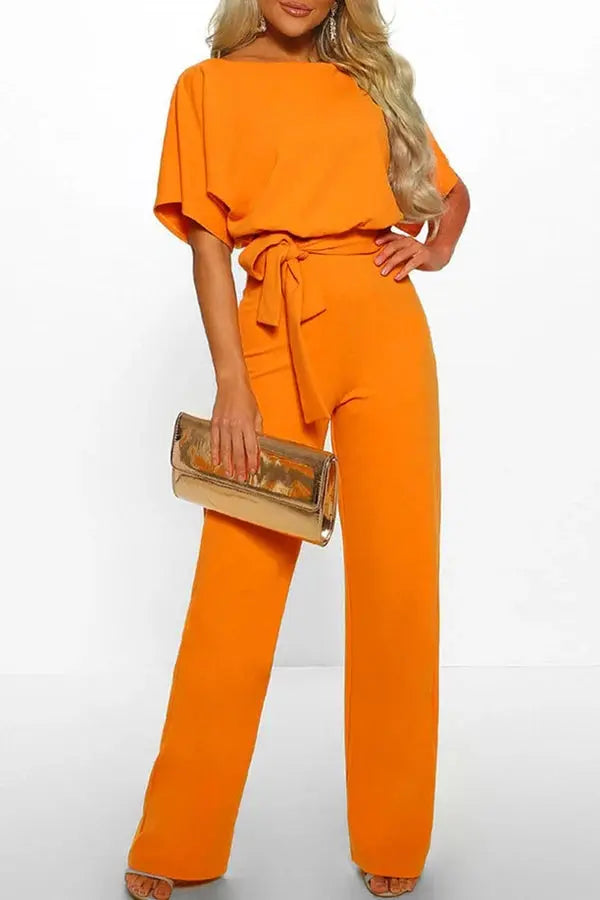 Wide-Leg Short Sleeve Jumpsuit with Belted Waist