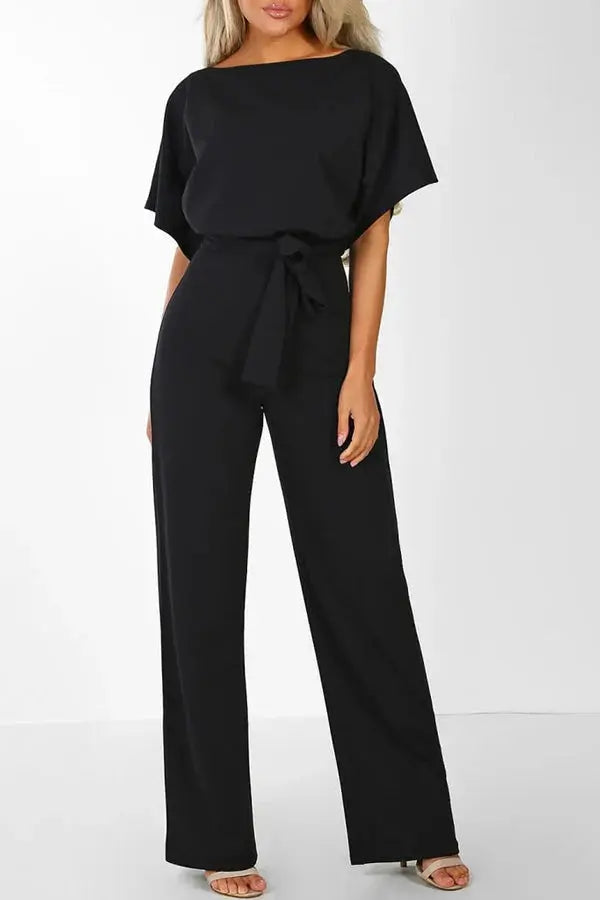 Wide-Leg Short Sleeve Jumpsuit with Belted Waist