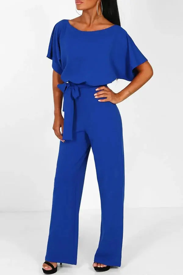 Wide-Leg Short Sleeve Jumpsuit with Belted Waist