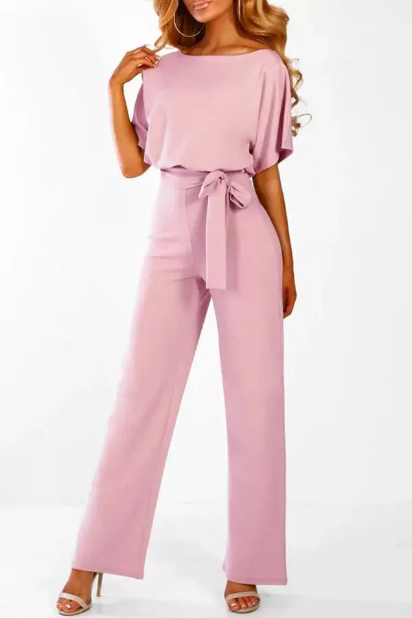 Wide-Leg Short Sleeve Jumpsuit with Belted Waist