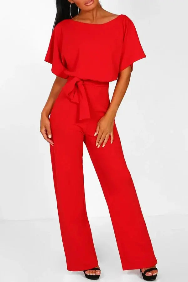 Wide-Leg Short Sleeve Jumpsuit with Belted Waist