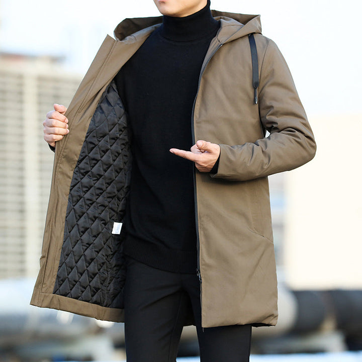 Men's Mid-Length Quilted Hooded Coat with Zip Design