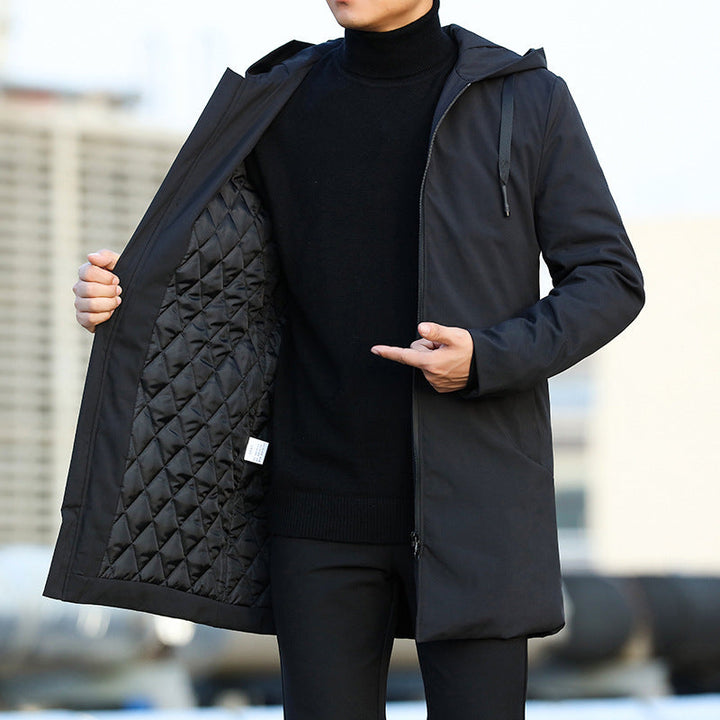 Men's Mid-Length Quilted Hooded Coat with Zip Design