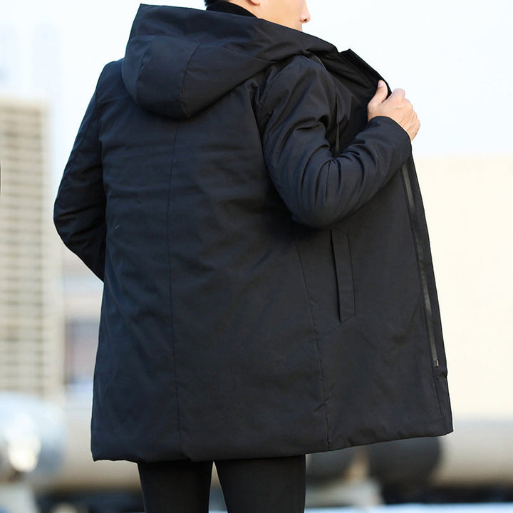 Men's Mid-Length Quilted Hooded Coat with Zip Design