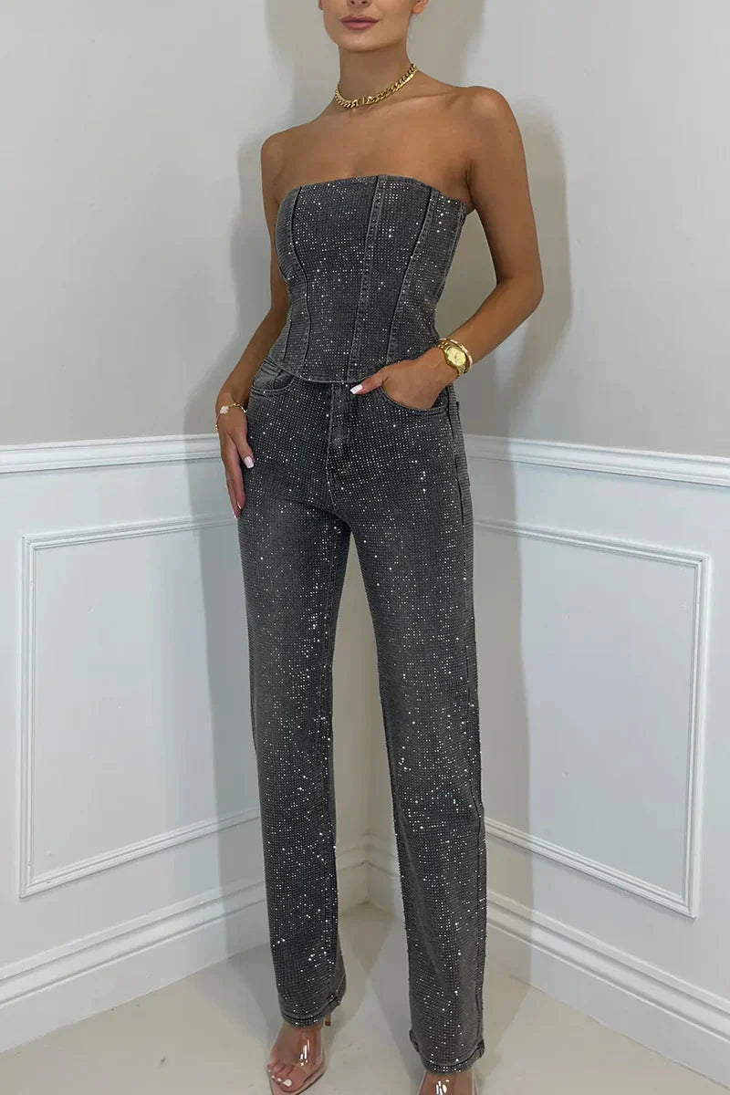 Sequin Denim Strapless Corset Wide Leg Pants Set for Women