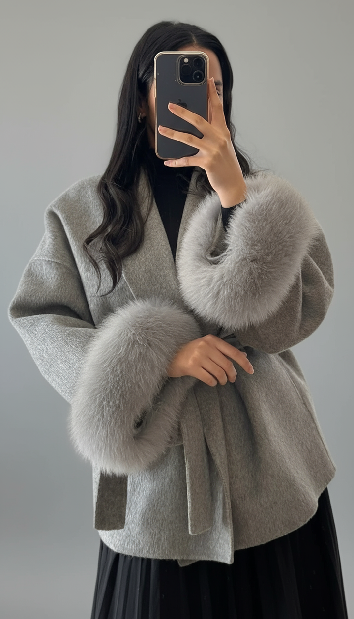 Belted Wool-Blend Wrap Coat with Faux Fur Cuffs