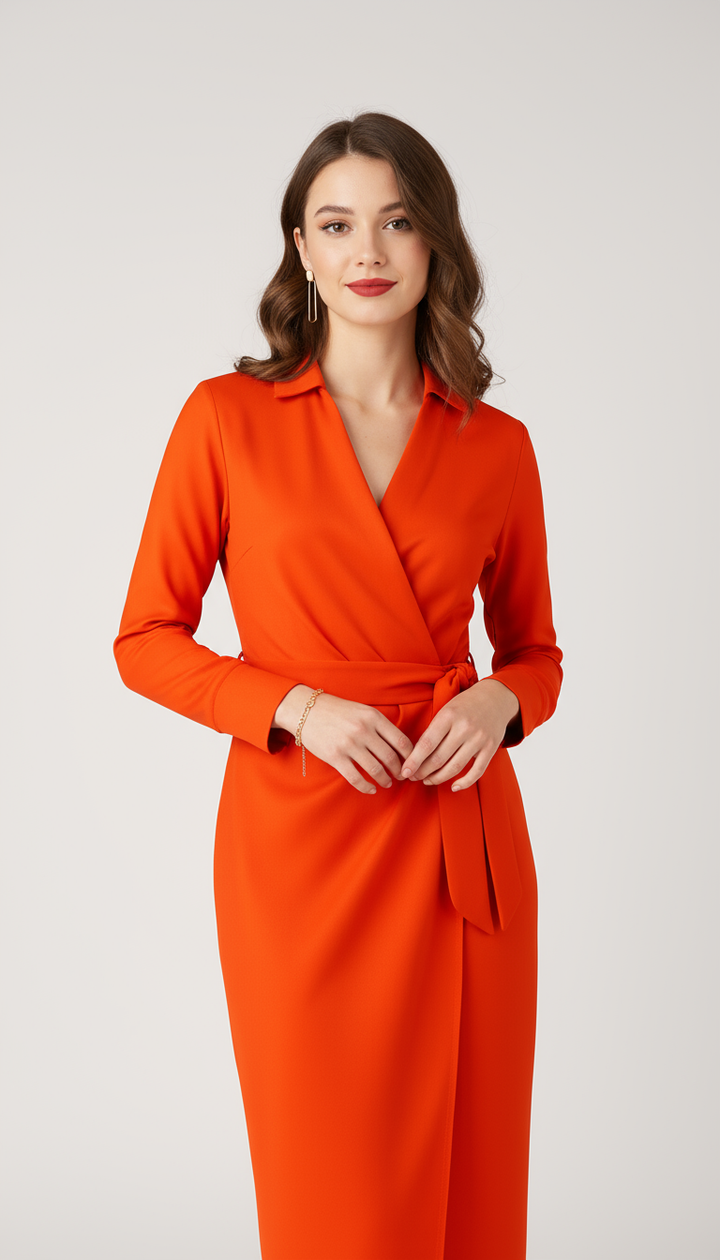 Women's Long-Sleeve Wrap Dress with V-Neck – Satin Finish