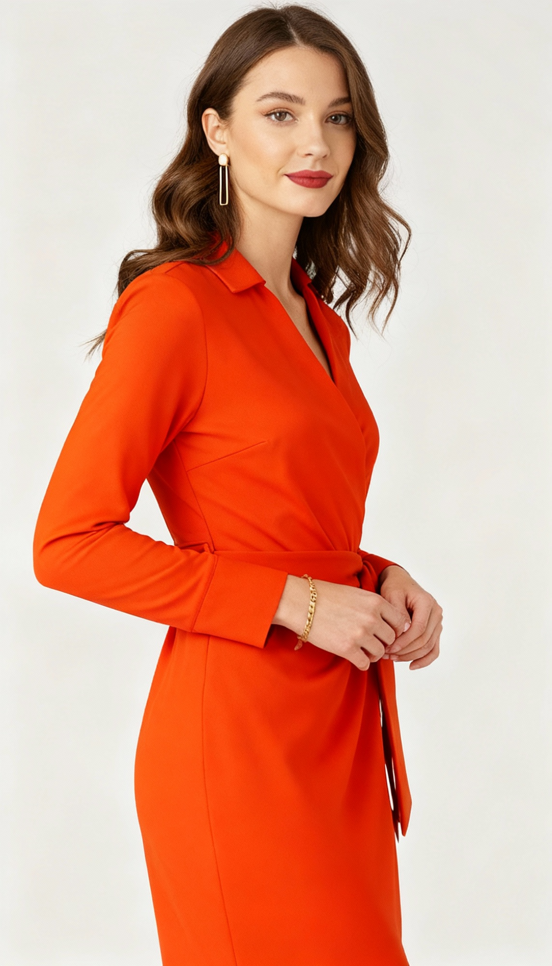 Women's Long-Sleeve Wrap Dress with V-Neck – Satin Finish