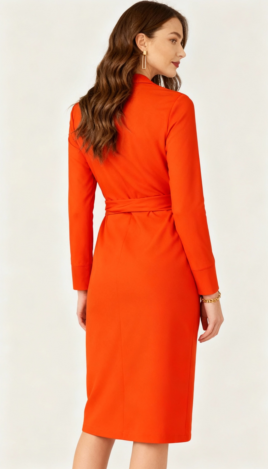 Women's Long-Sleeve Wrap Dress with V-Neck – Satin Finish