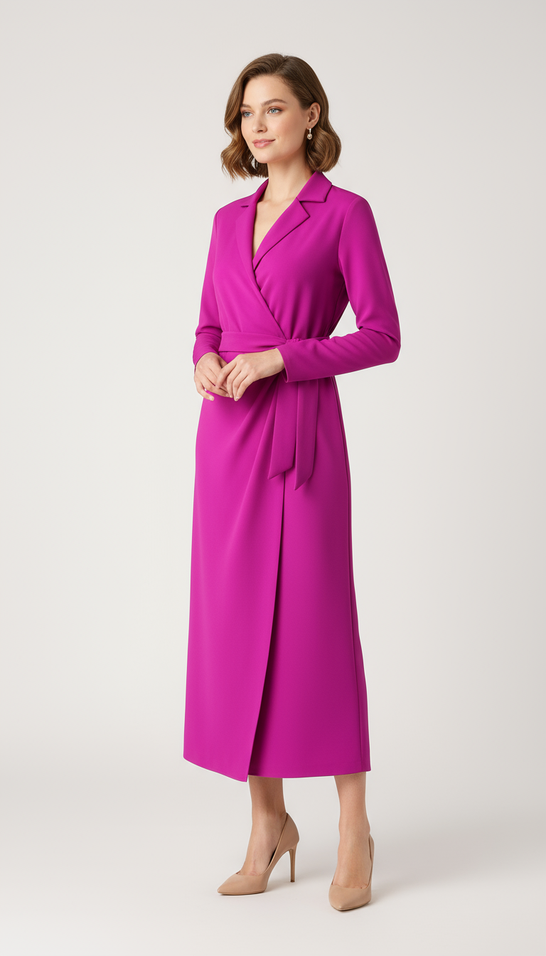 Women's Long-Sleeve Wrap Dress with V-Neck – Satin Finish