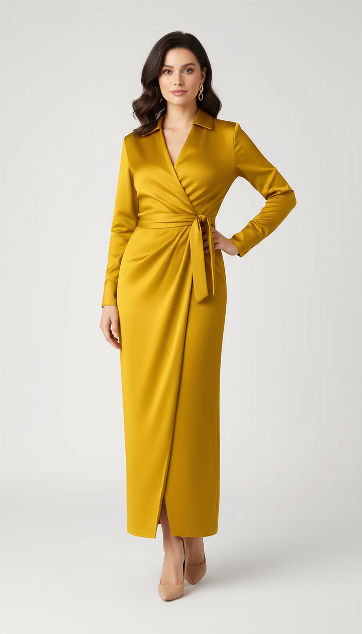 Women's Long-Sleeve Wrap Dress with V-Neck – Satin Finish