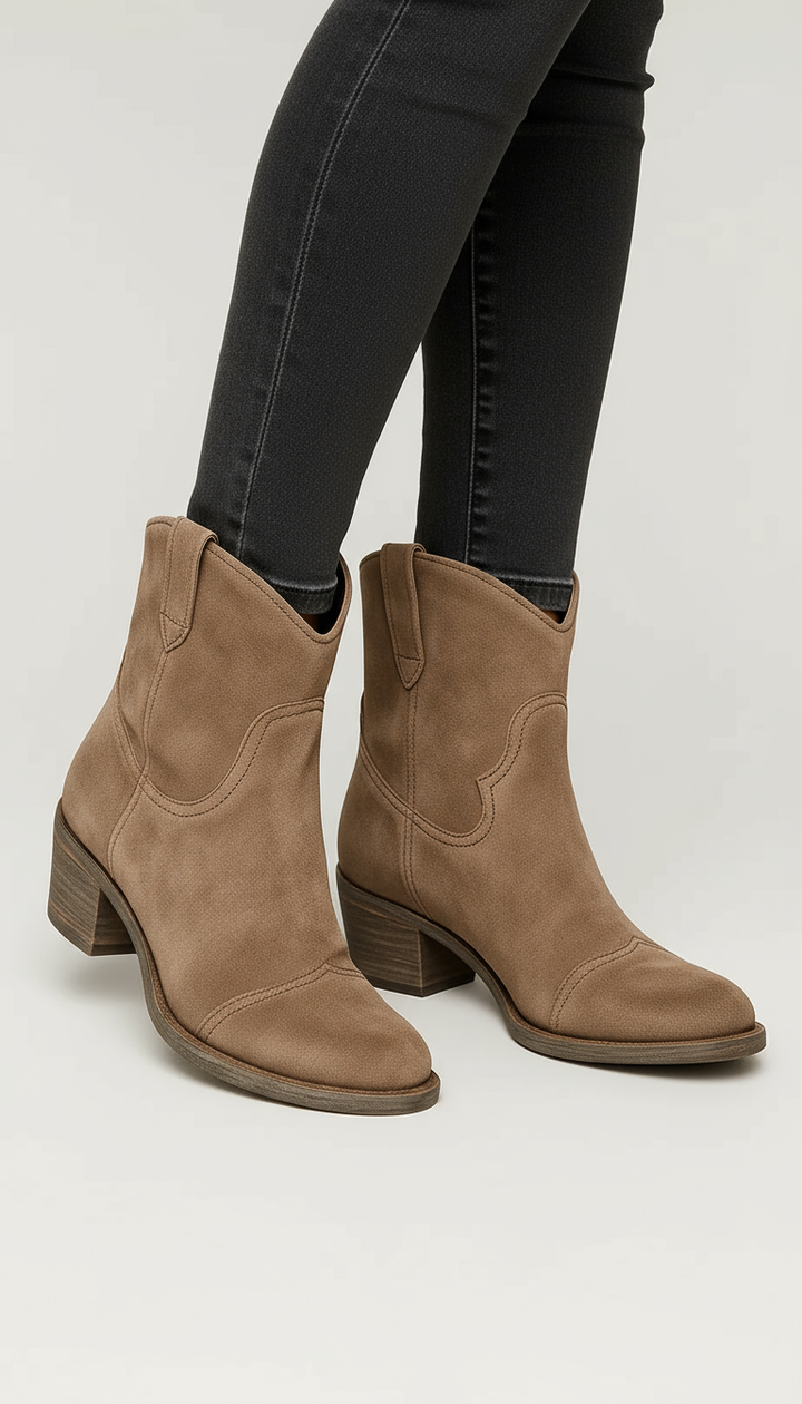 Women’s Ankle Boots – Suede-Effect Finish – Low Heel – Western Toe – Pull Tabs
