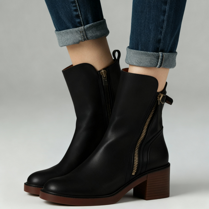 Women’s Zip-Up Ankle Boots with Block Heel and Side Zipper Detail