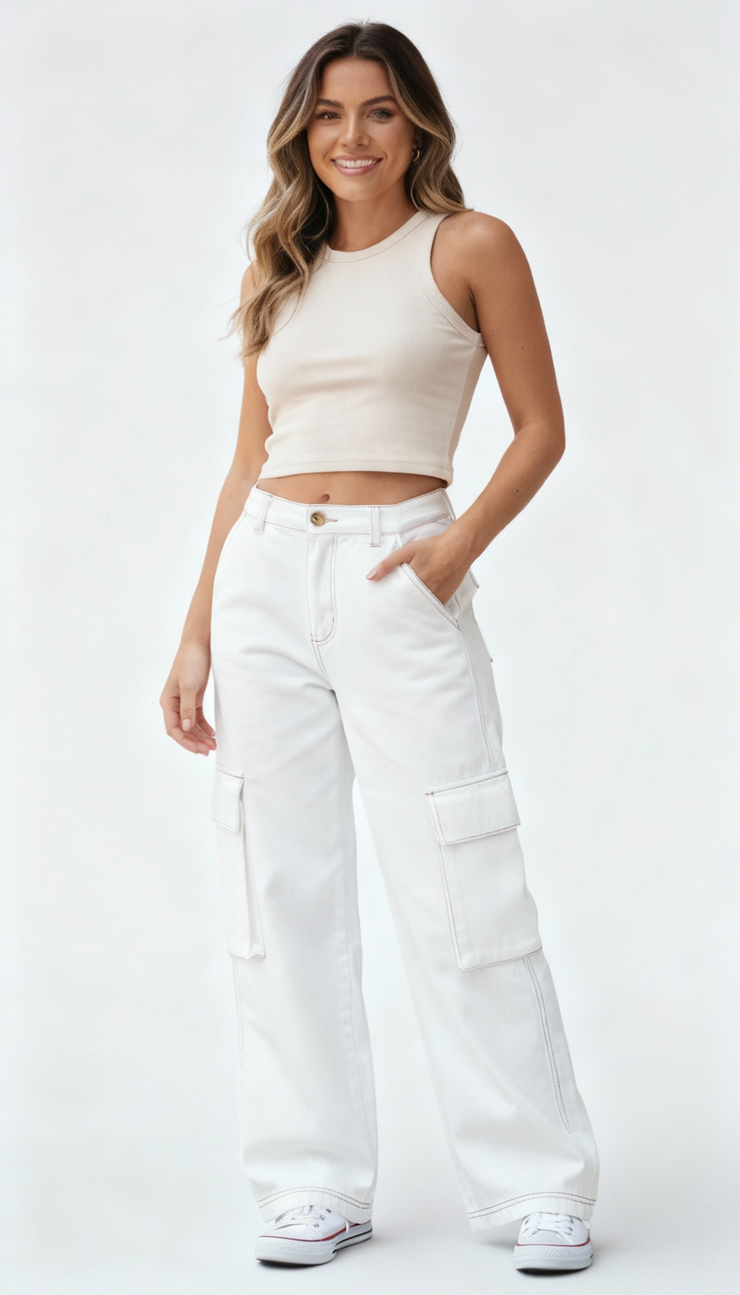 High-Waisted Wide-Leg Cargo Trousers – Light Grey | Women's Utility Pants