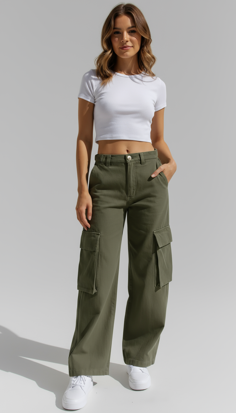 High-Waisted Wide-Leg Cargo Trousers – Light Grey | Women's Utility Pants