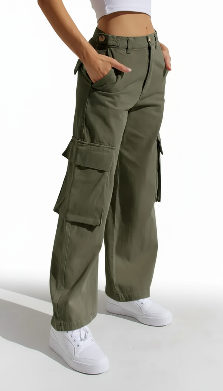 High-Waisted Wide-Leg Cargo Trousers – Light Grey | Women's Utility Pants