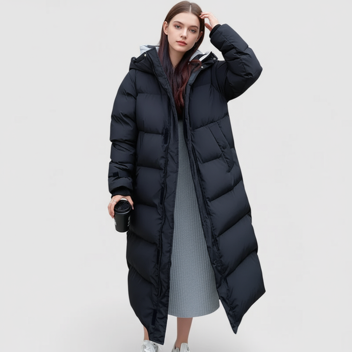 Women's Long Black Waterproof Hooded Puffer Parka Jacket